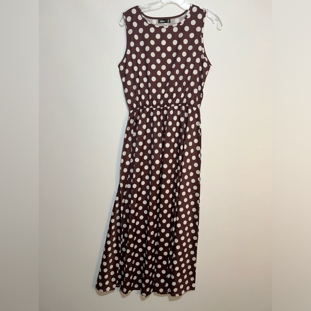 Maxi brown and white polka dot dress.